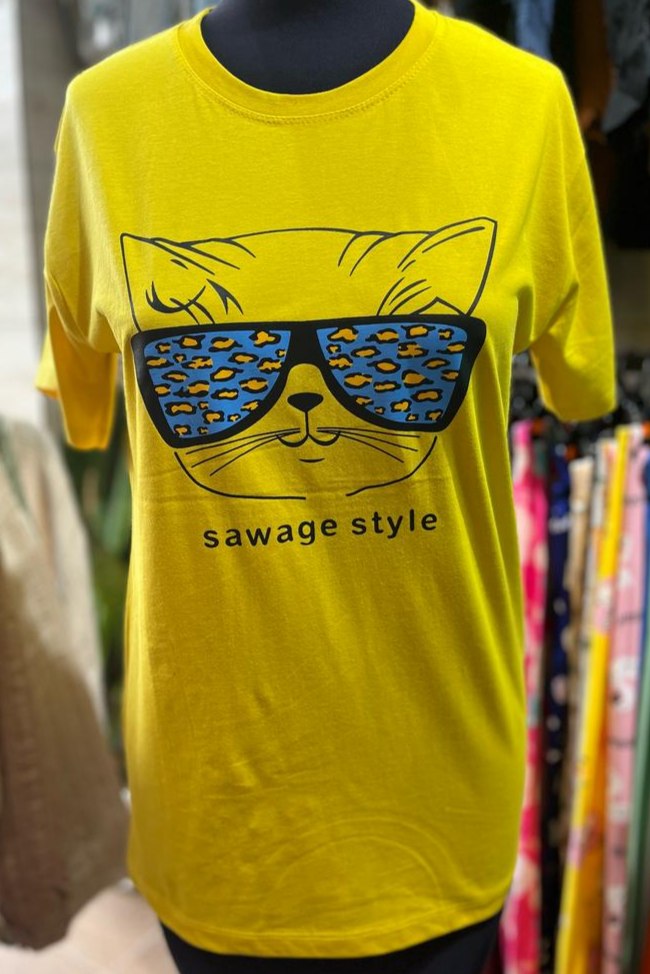 تیشرت دخترونه نخ پنبه چاپ گربه عینکی